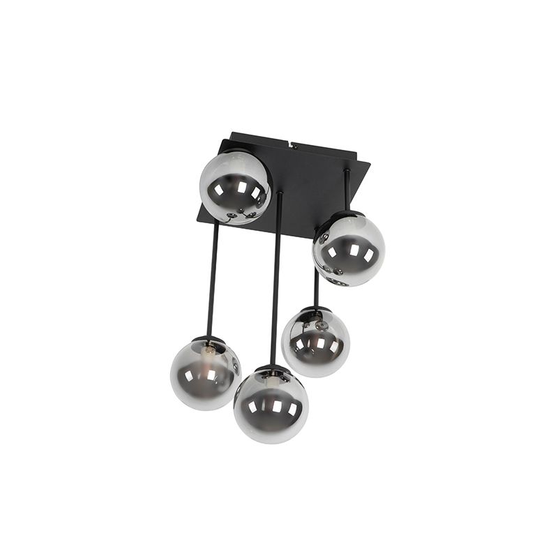 Moderne plafondlamp zwart 5-lichts met smoke glas - Athens