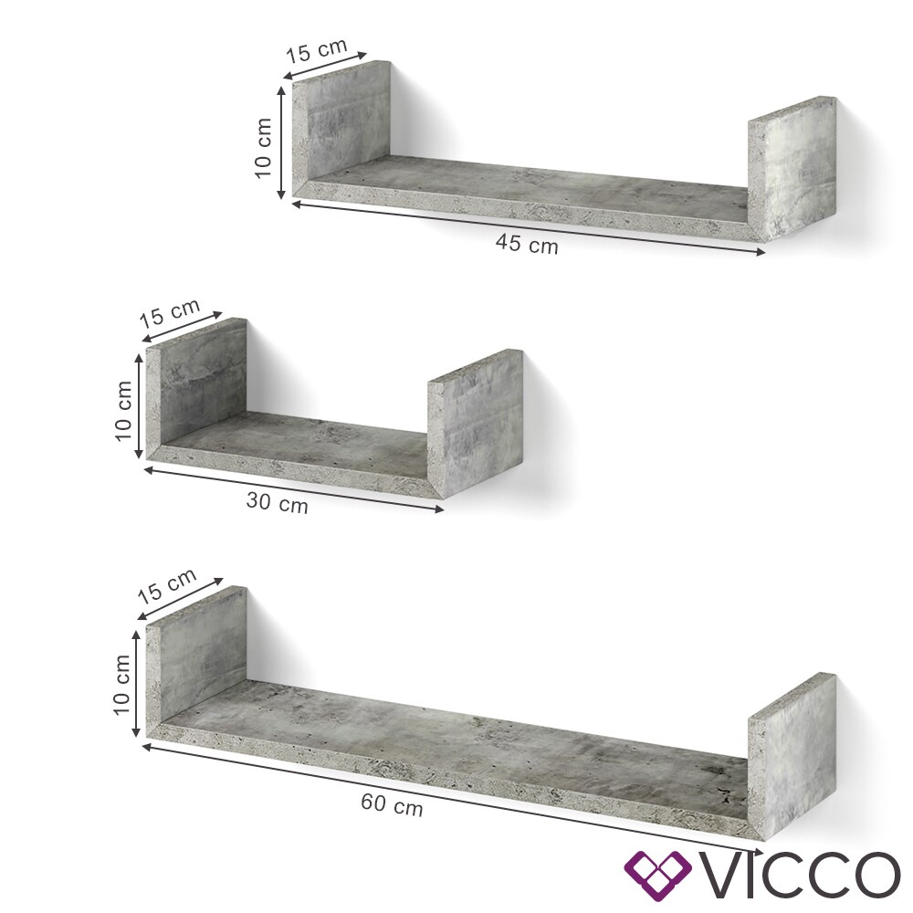 VICCO 3er Set Wandregal Hängeregal Bücherregal Wandboard Trend Regal Beton