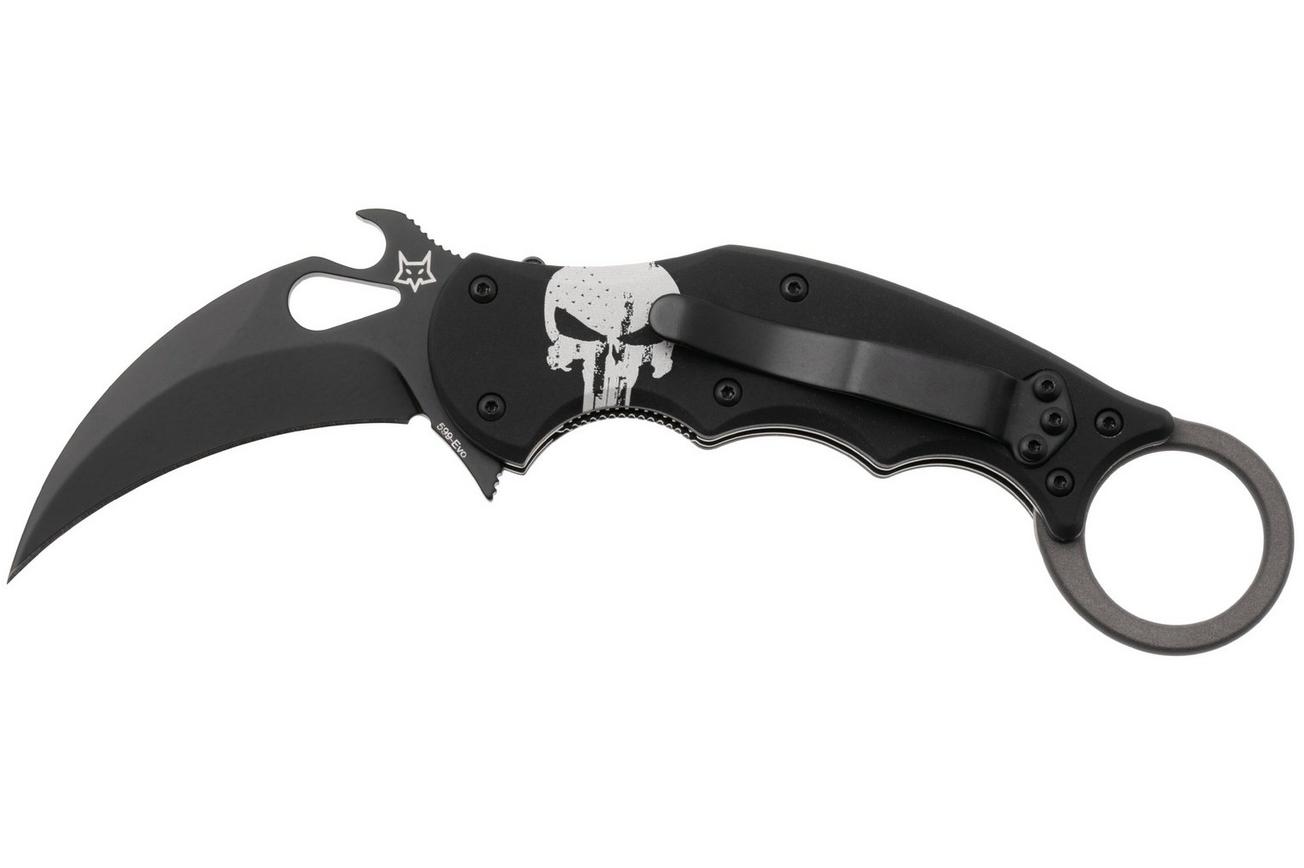 Fox FX-599 ALB-4 Skull, Black Idroglider Böhler N690Co, Engraved Aluminum, karambitmes