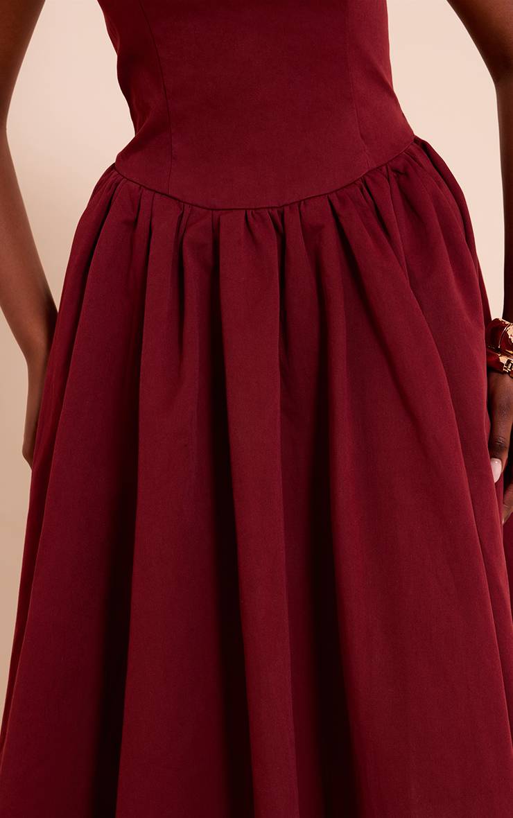 Rouge Bordeaux Robe Patineuse Mi-longue À Bandeau Froncé En Tissu Tissé
