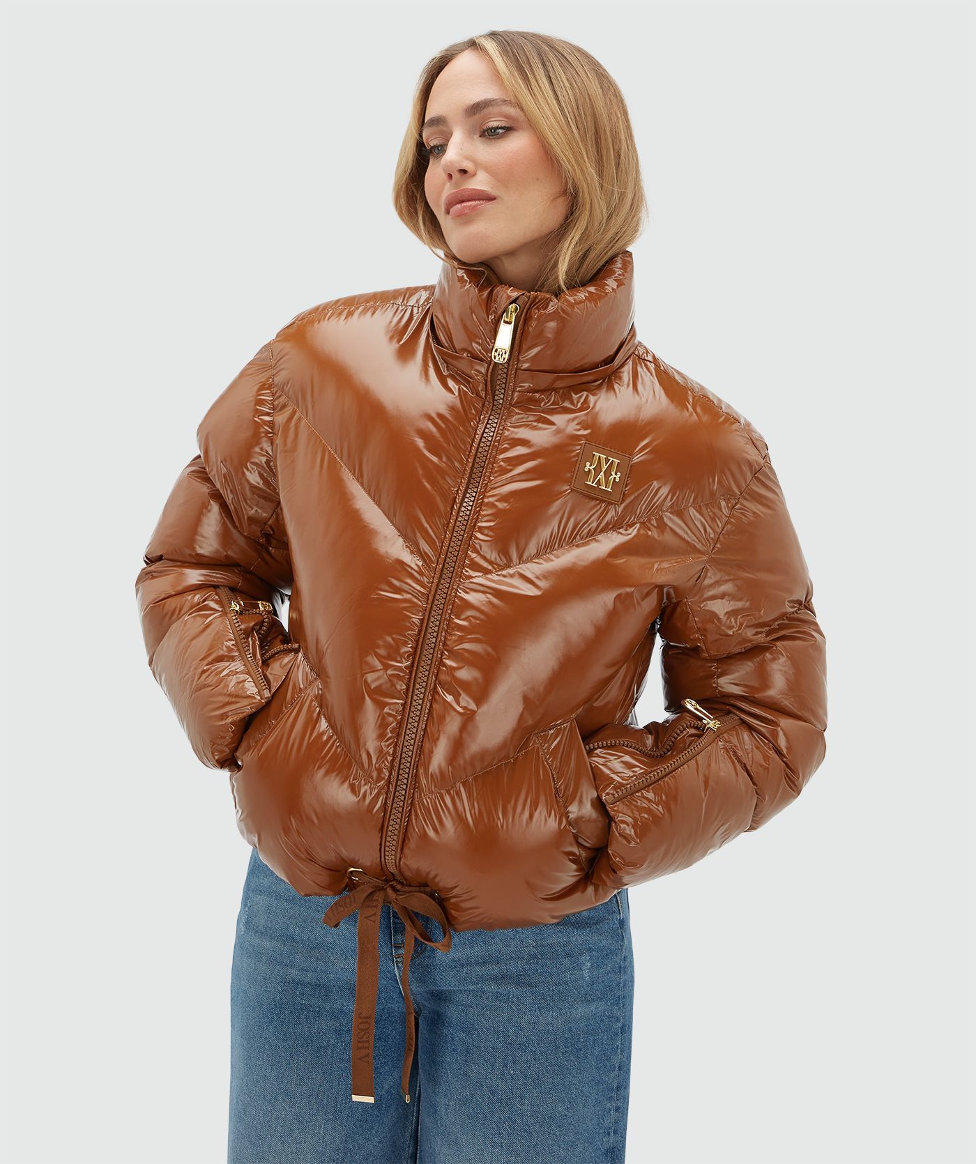JV-BRENNA oversized puffer coat in laklook - cognac lak