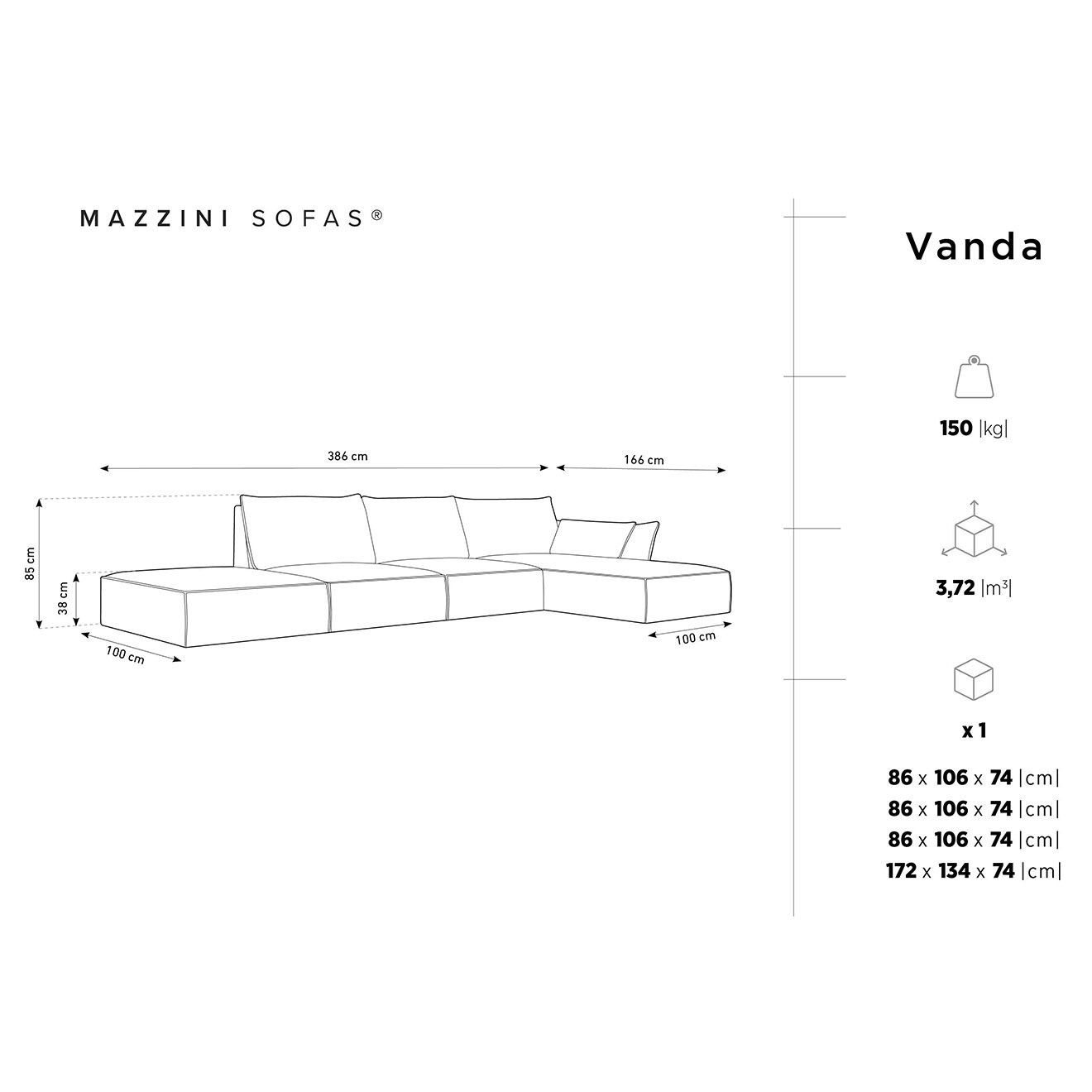 Mazzini Sofas Canapé D'Angle Droit Vanda 5 Places 1 vert bouteille - 386x166x85 cm
