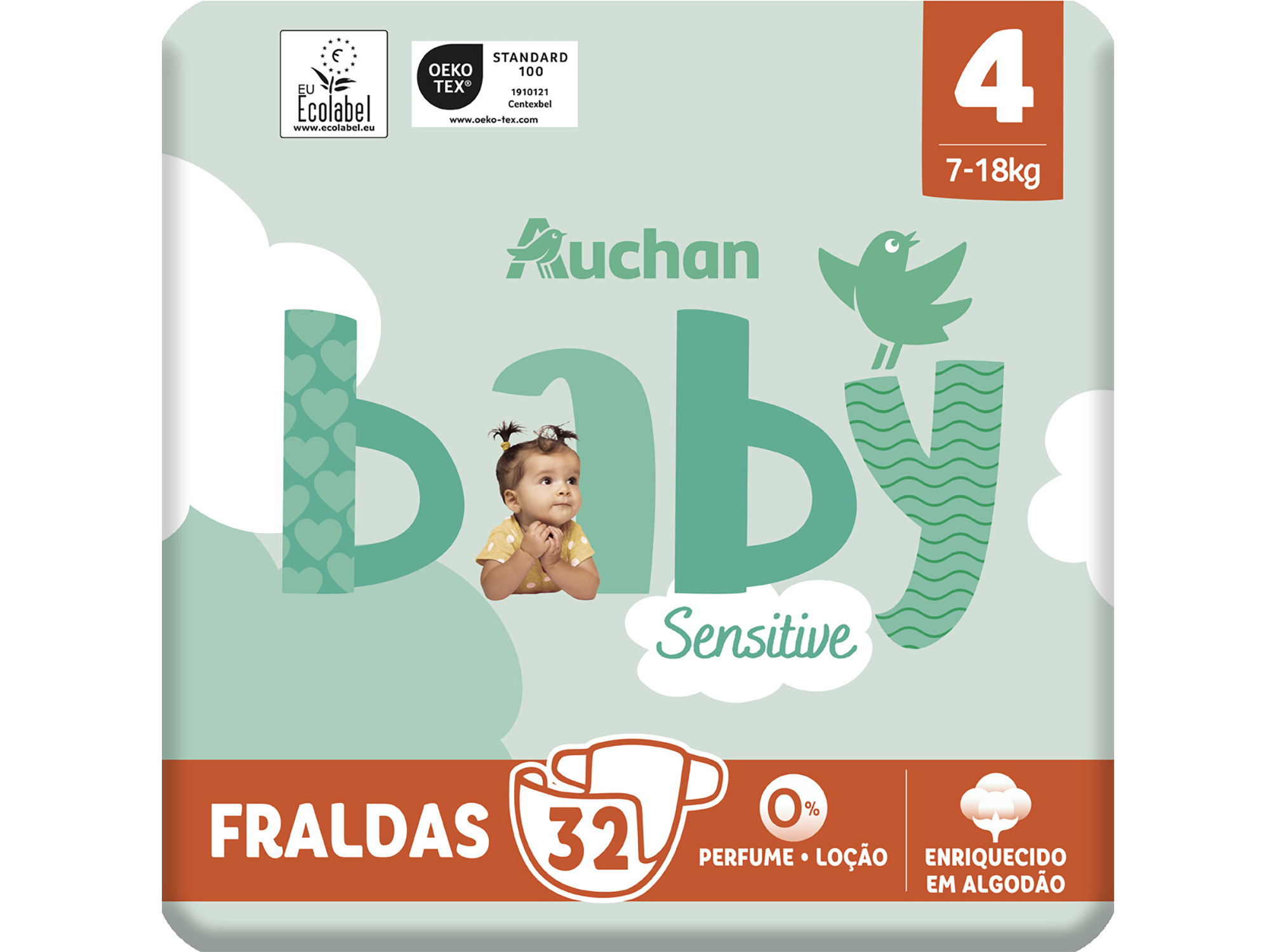 FRALDAS AUCHAN BABY SENSITIVE ECOLÓGICAS TAMANHO 4 7-18KG 32UN