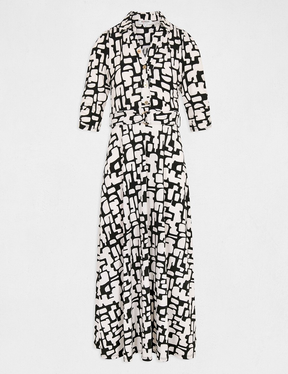 MORGAN<br>Vestido longo e evasê, estampa abstrata