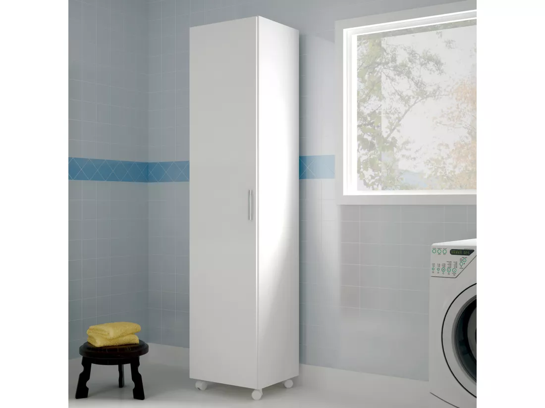 Armoire / placard de rangement avec 1 porte à roulettes coloris blanc - longueur 42 x profondeur 41 x hauteur 183 cm