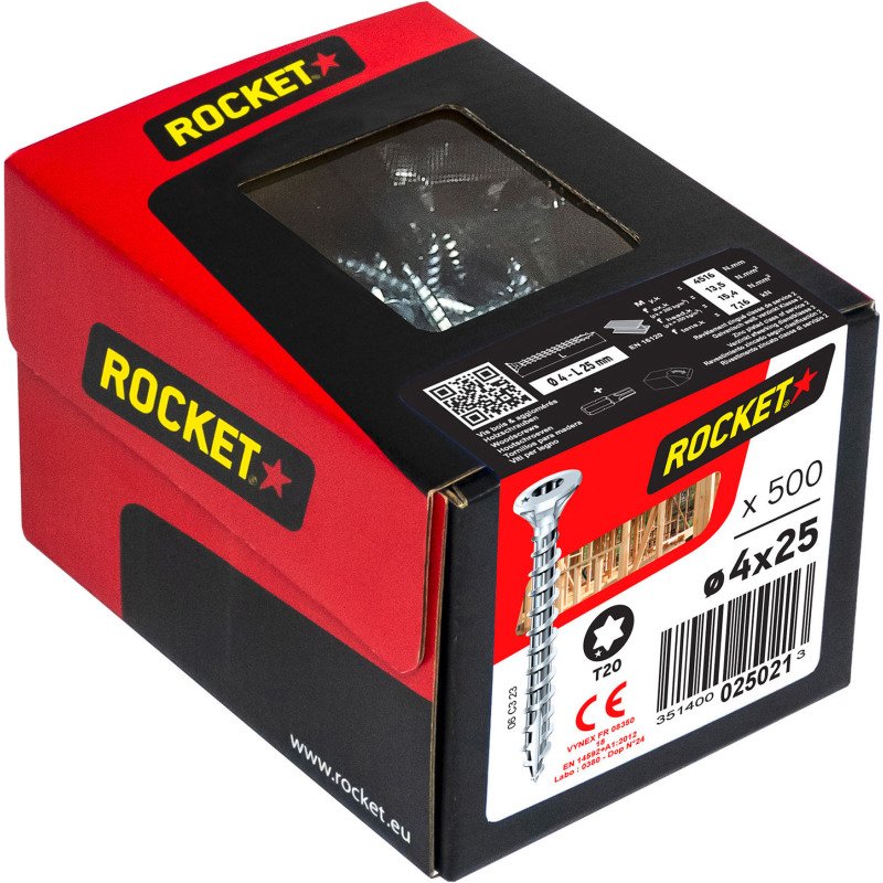 Vis à bois Rocket tête fraisée Torx (étoile) acier zingué, filetage total - Boîte de 500