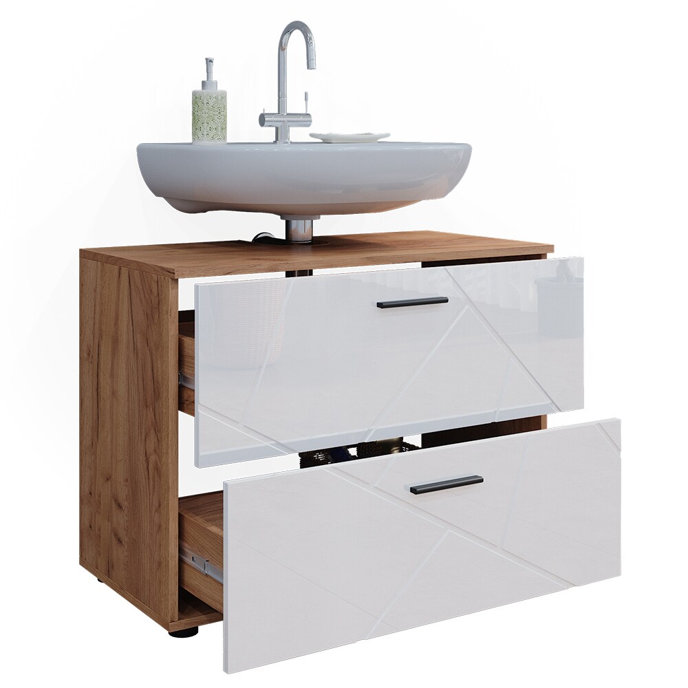 Vicco Waschtischunterschrank Waschbeckenunterschrank Irma Eiche Weiß Hochglanz modern 80x59 cm Badezimmer Schrank Badschrank Badkommode Badmöbel 2 Schubladen