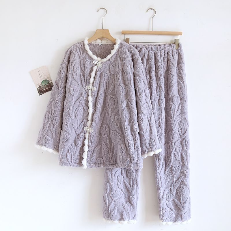 Somnus - Pyjamaset: Lange mouwen, ronde hals, bloemenjacquard, contrasterende rand, kikkertop met knopen + broek