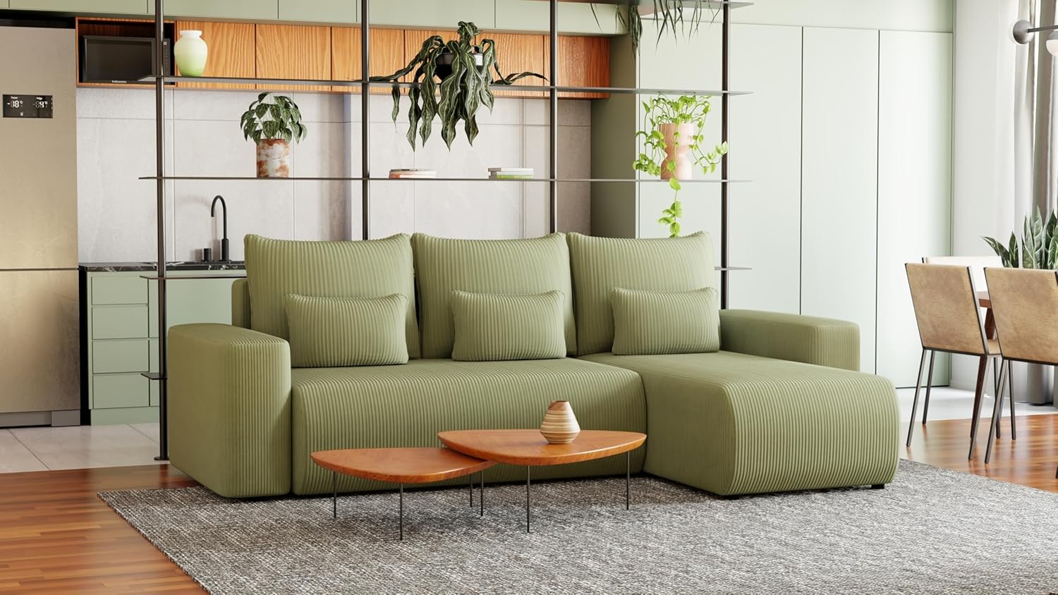 Ecksofa mit Schlaffunktion Travis 248x148 cm - Couch - Sofa mit Bettkasten - Eckcouch - L-Form - Schlaffsofa - Cord - Universal (Poso 47 Pistachio, L-Form)