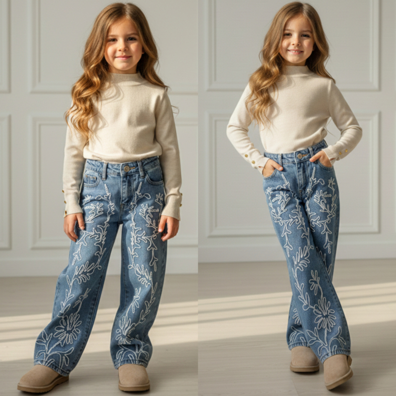 Floral Stitch Wide Leg Jeans – Blauw
