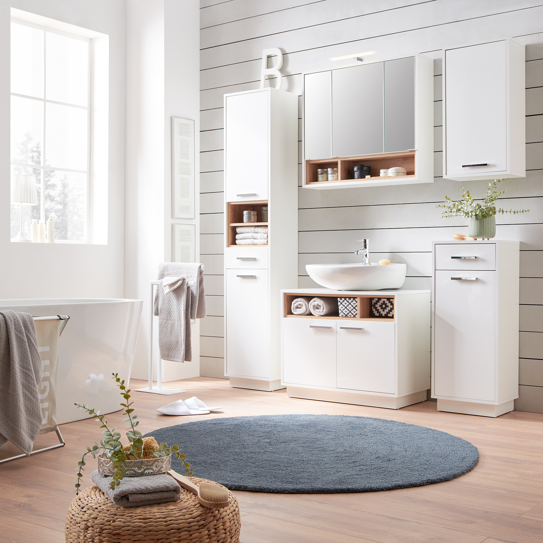 Spiegelschrank - weiß - Artisan Eiche - mit Beleuchtung - 80 cm