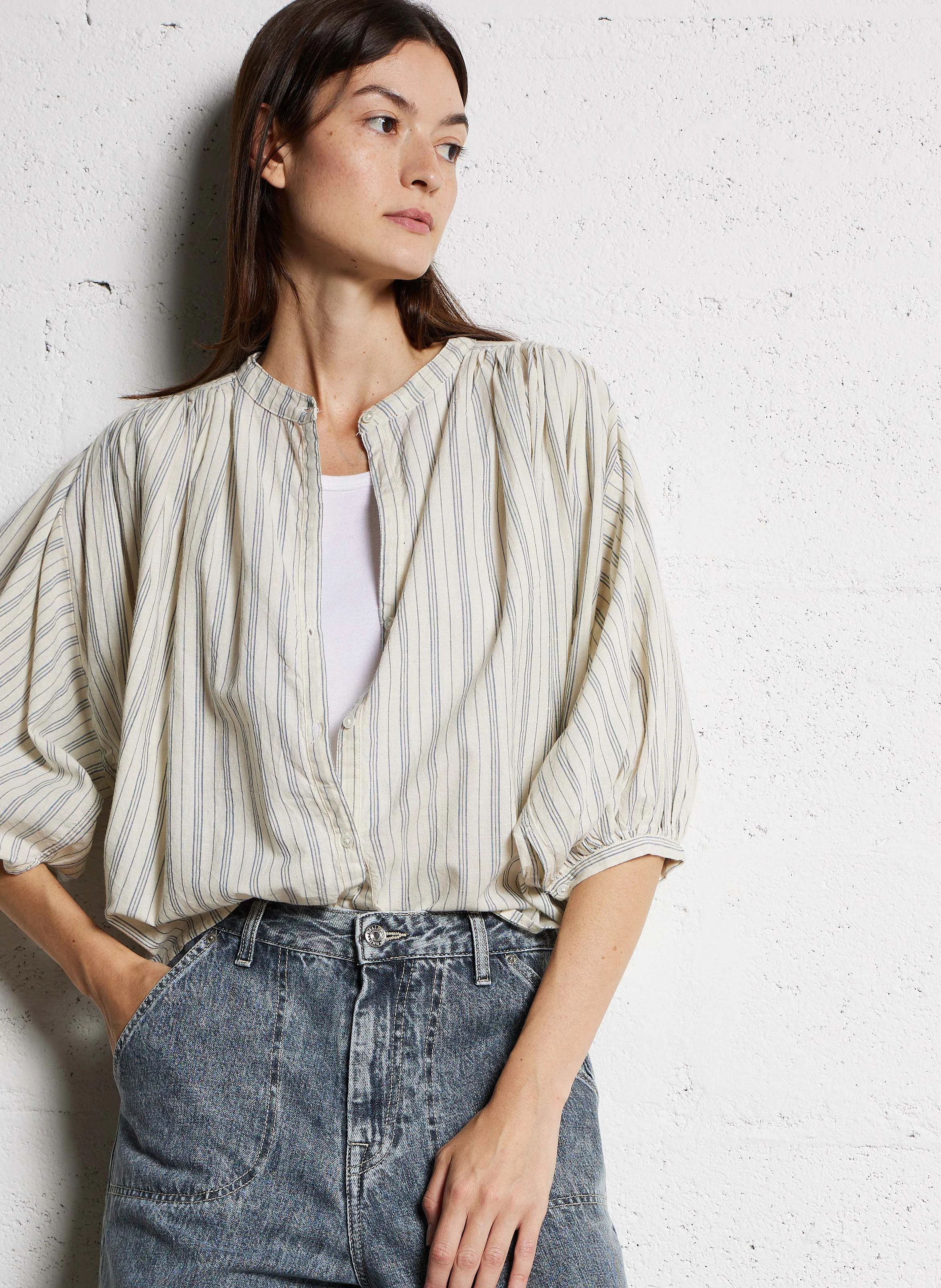 INK - Blouse col rond rayée en coton | Bleu