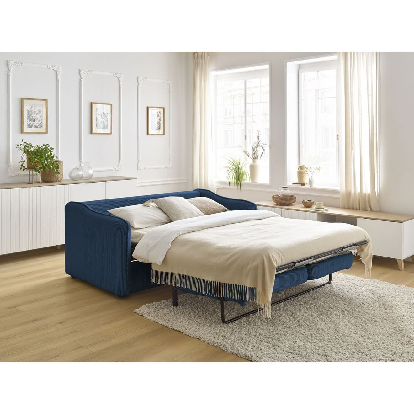 Bobochic Canapé droit convertible express en Velours côtelé 3 places Lenny bleu foncé - 178x102x89 cm