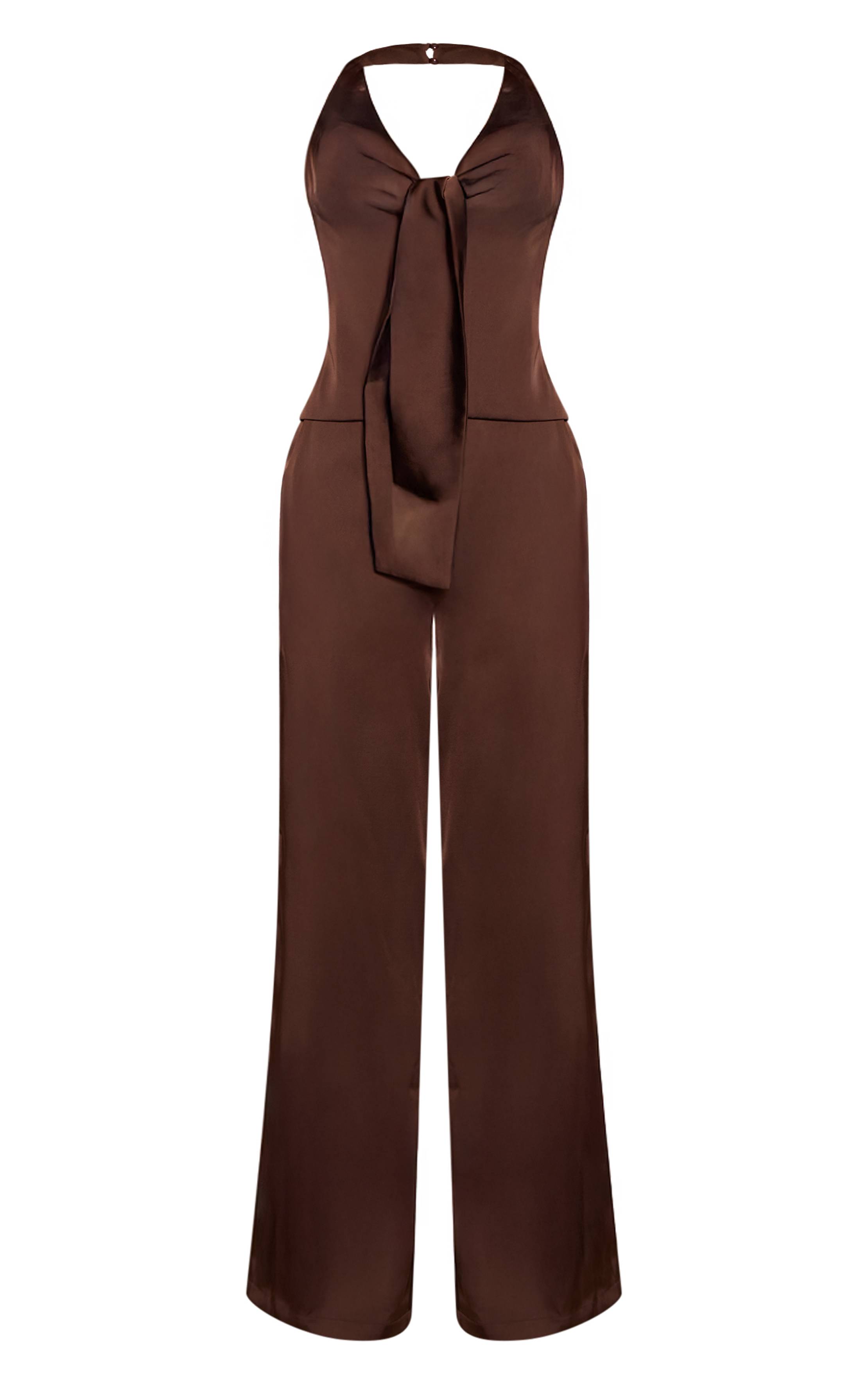 Chocolat Combinaison-pantalon Satinée À Jambes Larges Avec Nœud Devant