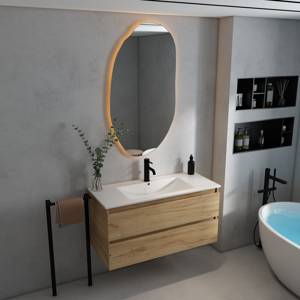 Fontana Rovigo badmeubel 100cm met witte wastafel en kraangat warm eiken