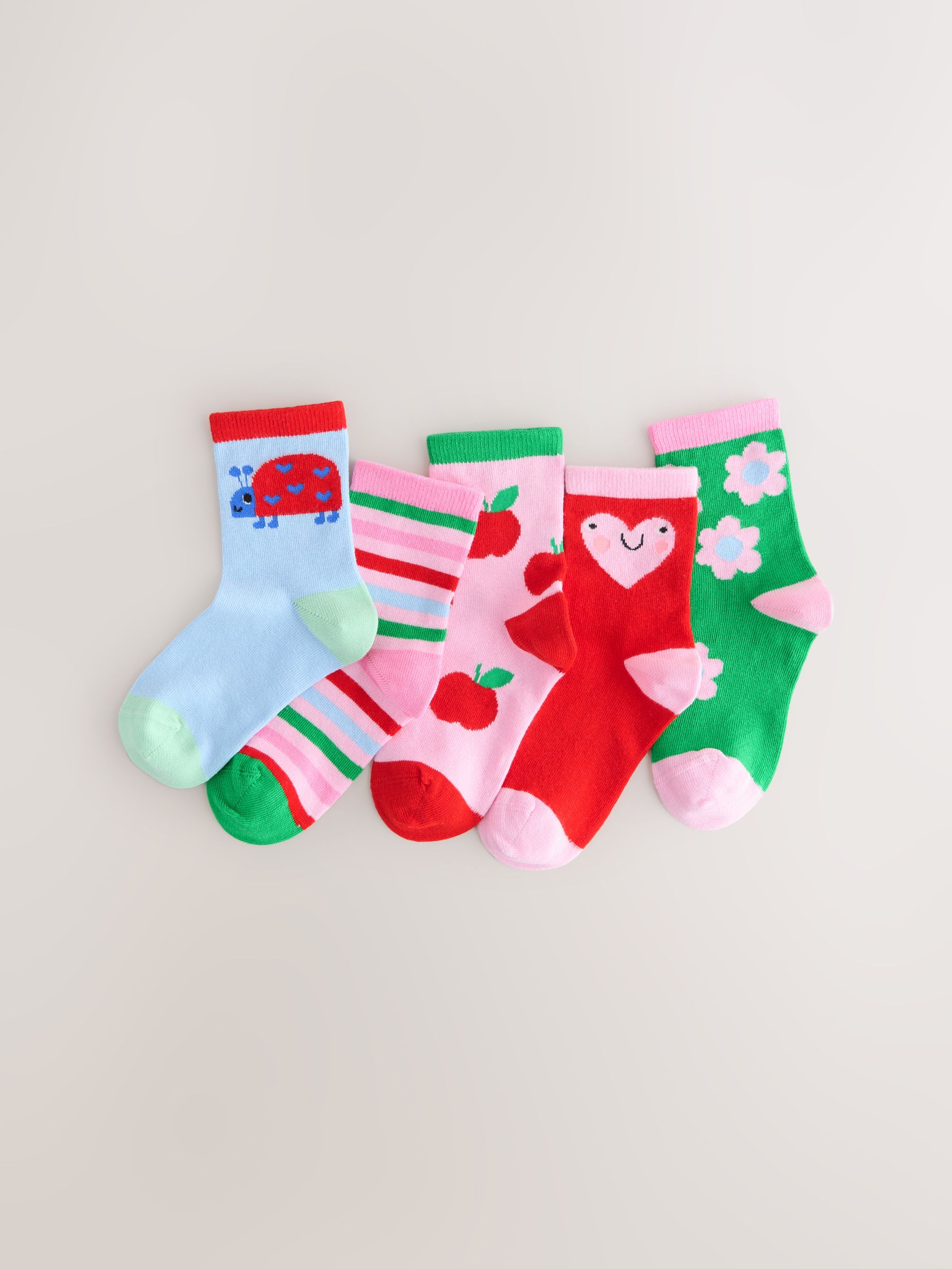 Pink Red and Green - Cotton Rich Charcter Ankle Socks 5 Pack