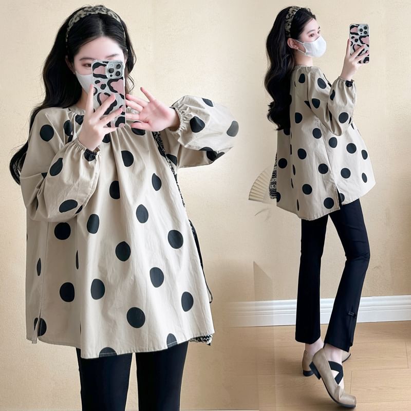 NEUF - Zwangerschapsblouse met lange mouwen, ronde hals en stippen