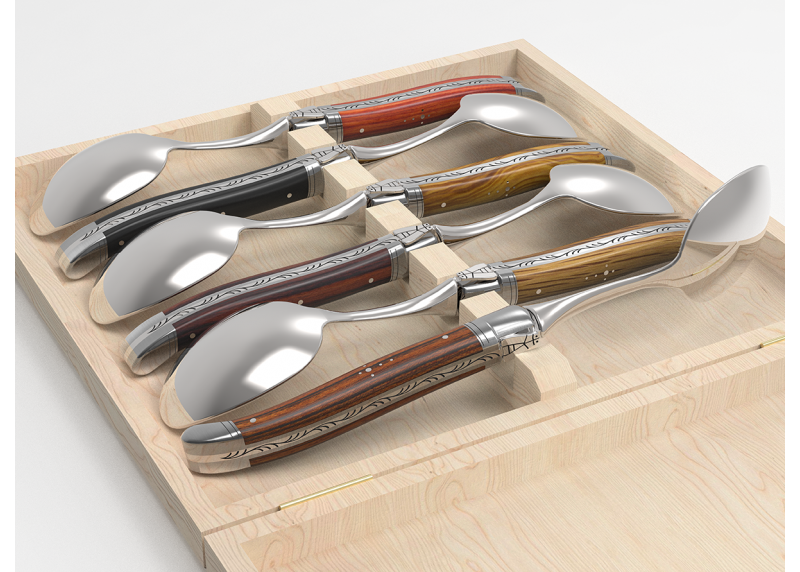 Service de 6 grandes cuillères Laguiole avec un manche en 6 bois différents et mitres inox