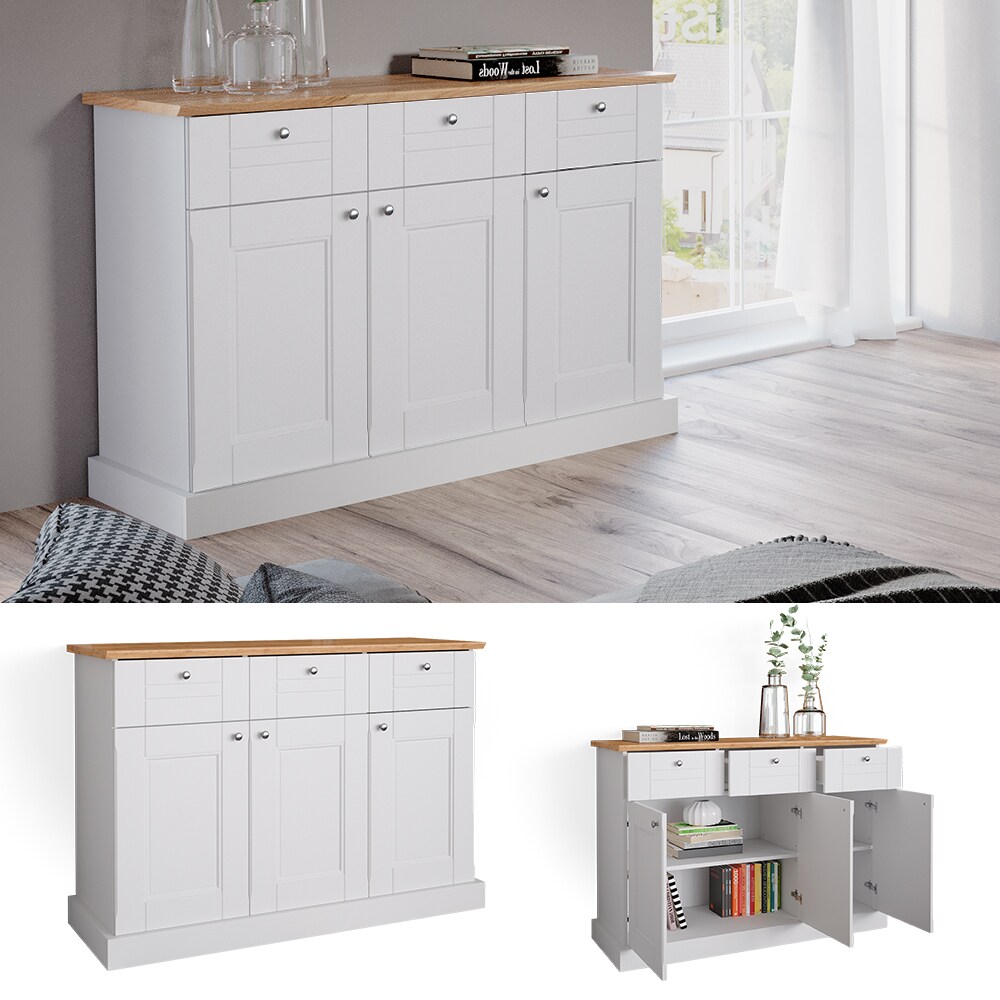 Vicco Sideboard Kommode Mehrzweckschrank Bergamo Weiß Eiche Wohnzimmer Schrank 121x87 cm Vintage Ablage Schublade Schranktür Anrichte Wohnzimmermöbel