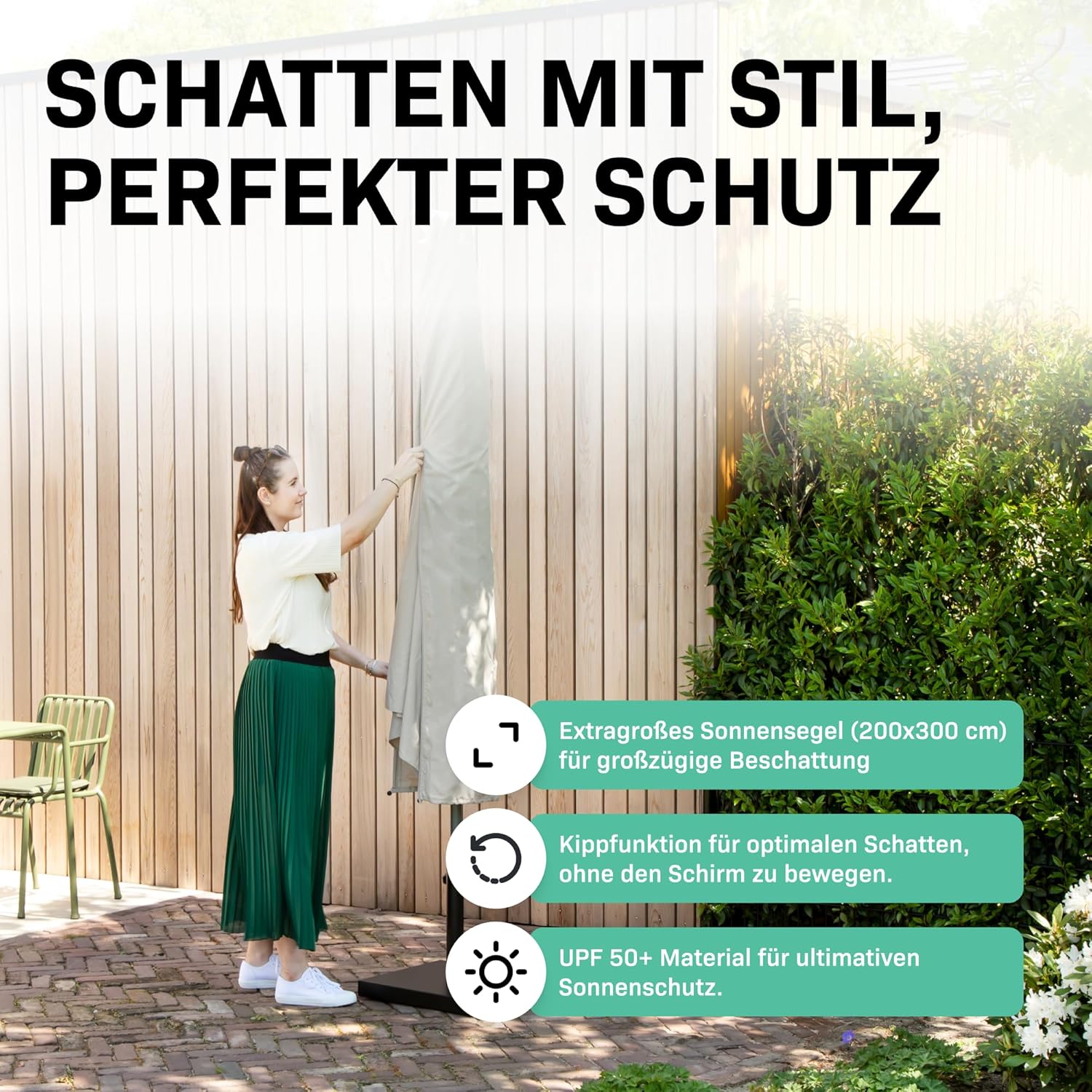 VONROC Sonnenschirm rechteckig 200x300 - Rechteckiger Sonnenschirm für Terasse, Garten, Balkon, Gastro - Knickbar, Kurbel, Wetterfest - Rapallo