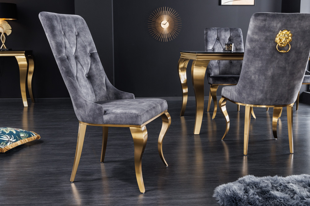 Eleganter Stuhl MODERN BAROCK grau Samt mit goldenem Löwenkopf