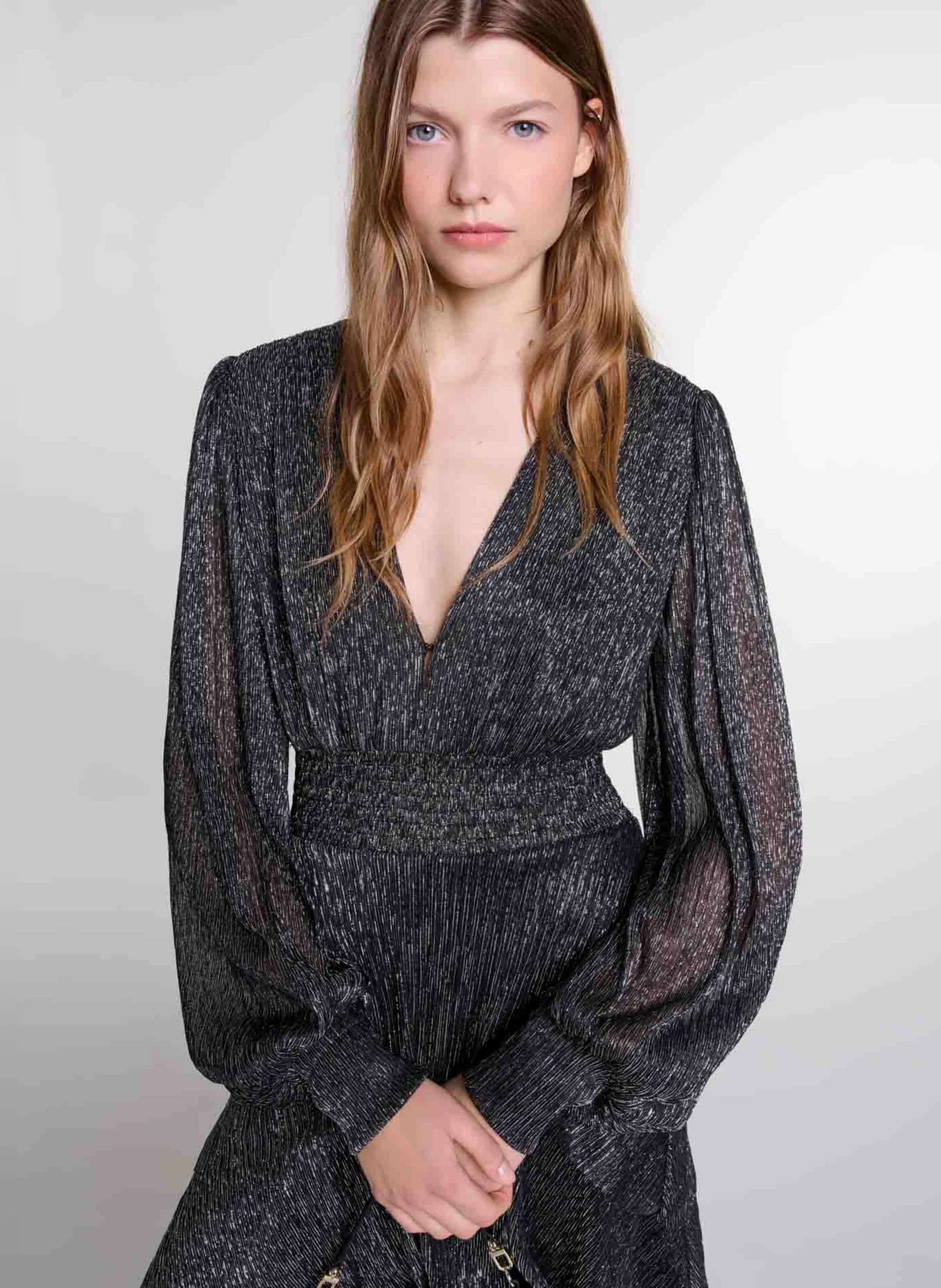 Robe longue col V pailletée | Noir