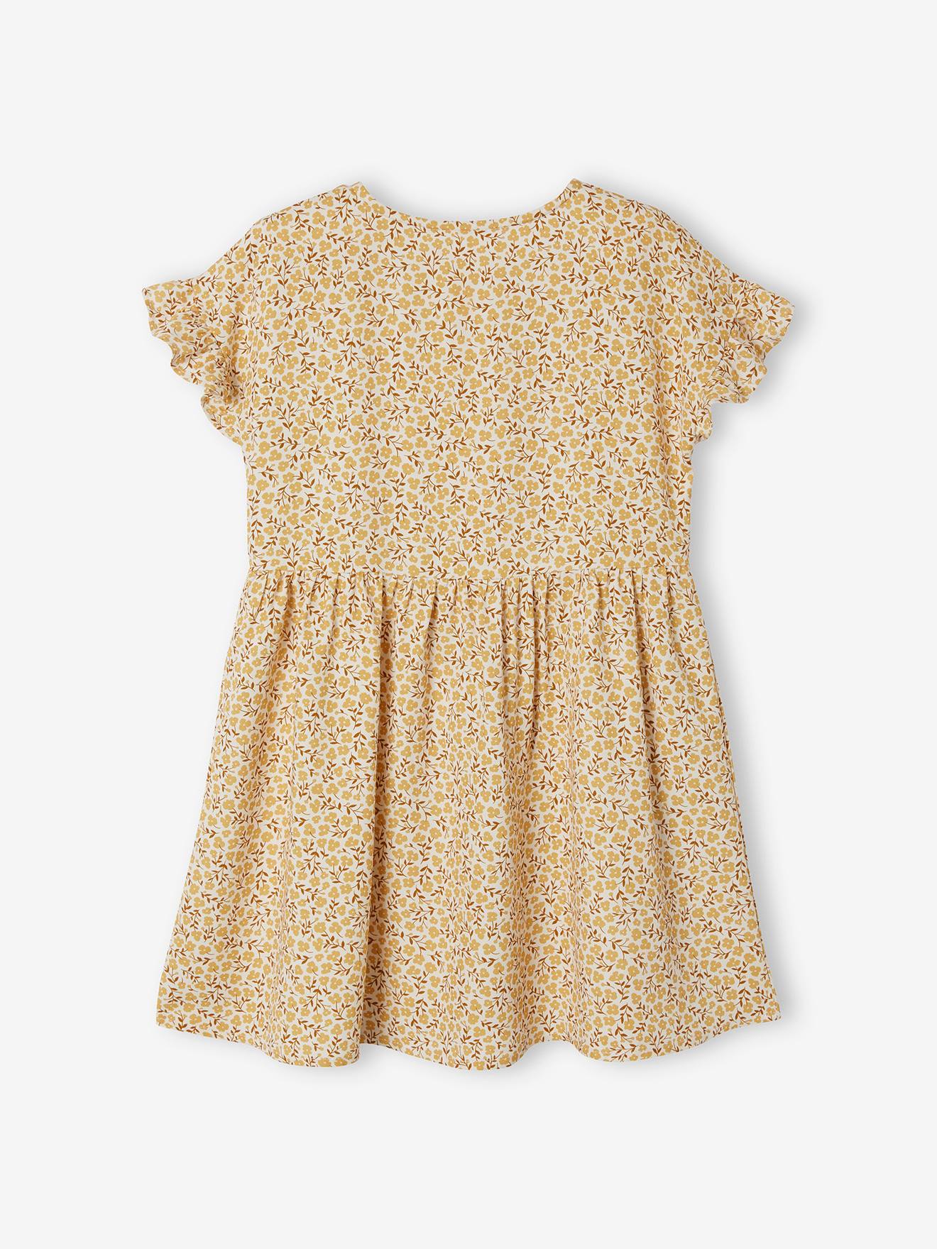 Vestido com botões e estampa floral, para meninas, na cor bege claro.