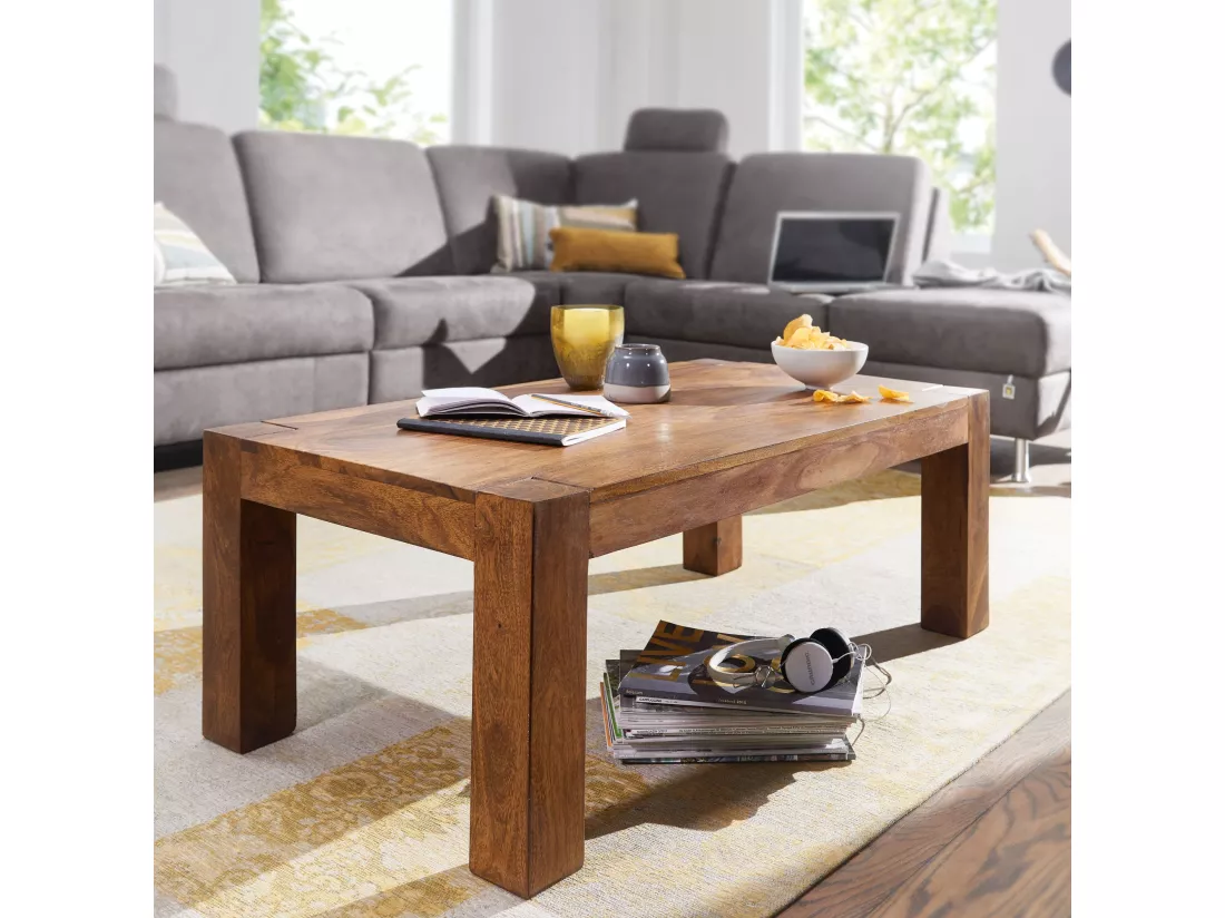 table basse en bois massif Sheesham 110cm de large salon table design sombre table de style campagnard brun