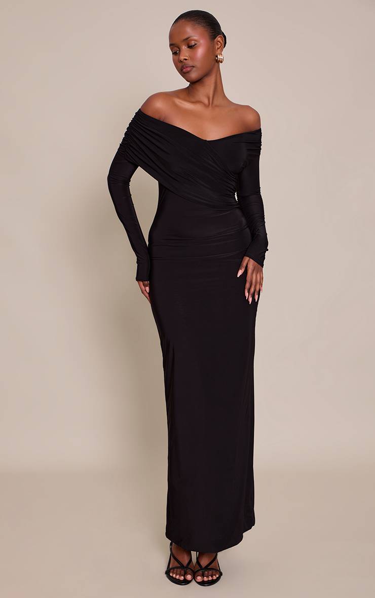 Noir Robe Maxi Croisée Cache-cœur En Tissu Slinky