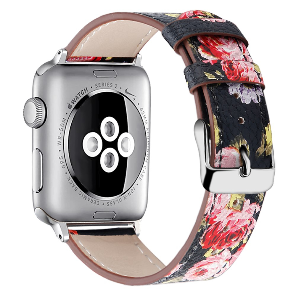 Apple Watch (42/41/40/38 mm) Ersatz Echtleder Armband (Gelenkumfang: 165-220mm) - Pinke Blumen