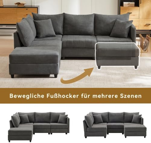 Modulares Ecksofa 5-Sitzer mit Hocker – verstellbar L- & U-Form, große Wohnlandschaft, Federkern Sofa, Baumwolle-Leinen Bezug, Grau