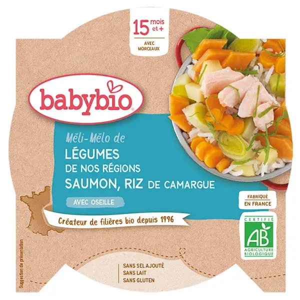 Prato de Almoço Babybio com Legumes, Salmão e Arroz +15 meses Orgânico 260g