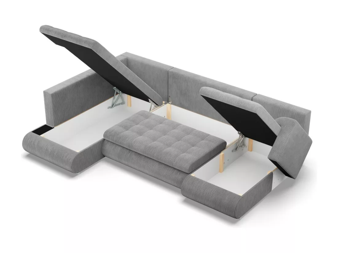 Canapé d'angle en U avec fonction sommeil, Ottoman, Cord - Gris