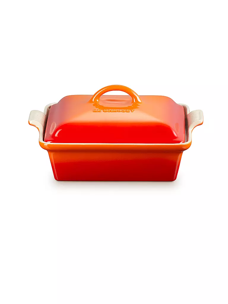 LE CREUSET Auflaufform 23cm Tradition mit Deckel aus Steinzeug quadratisch Ofenrot orange