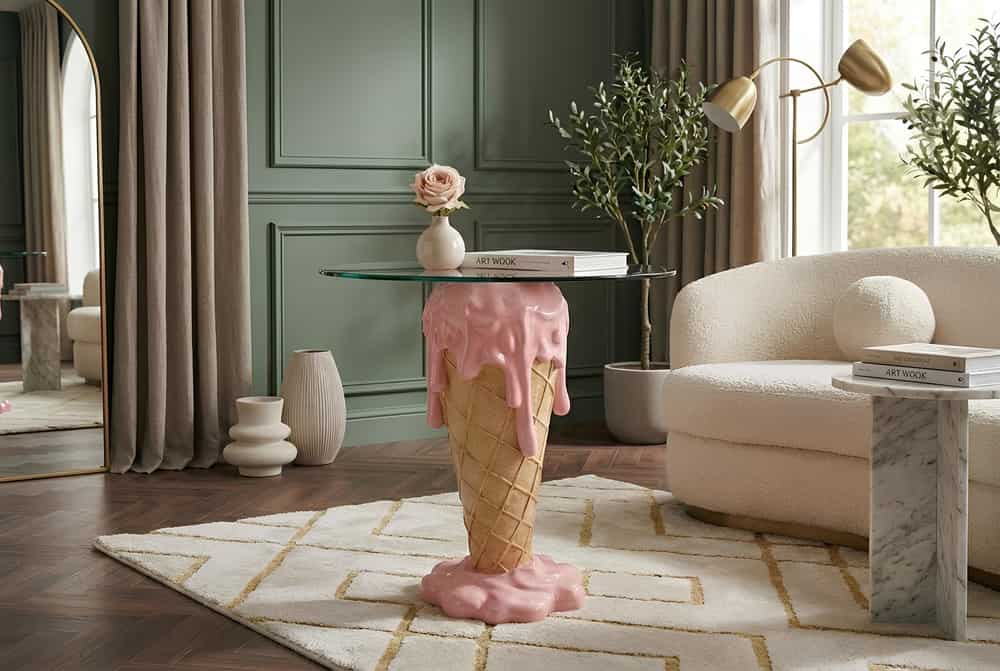 Einzigartiger Couchtisch ICE CREAM 50cm beige rosa runde Tischplatte Glas handmade