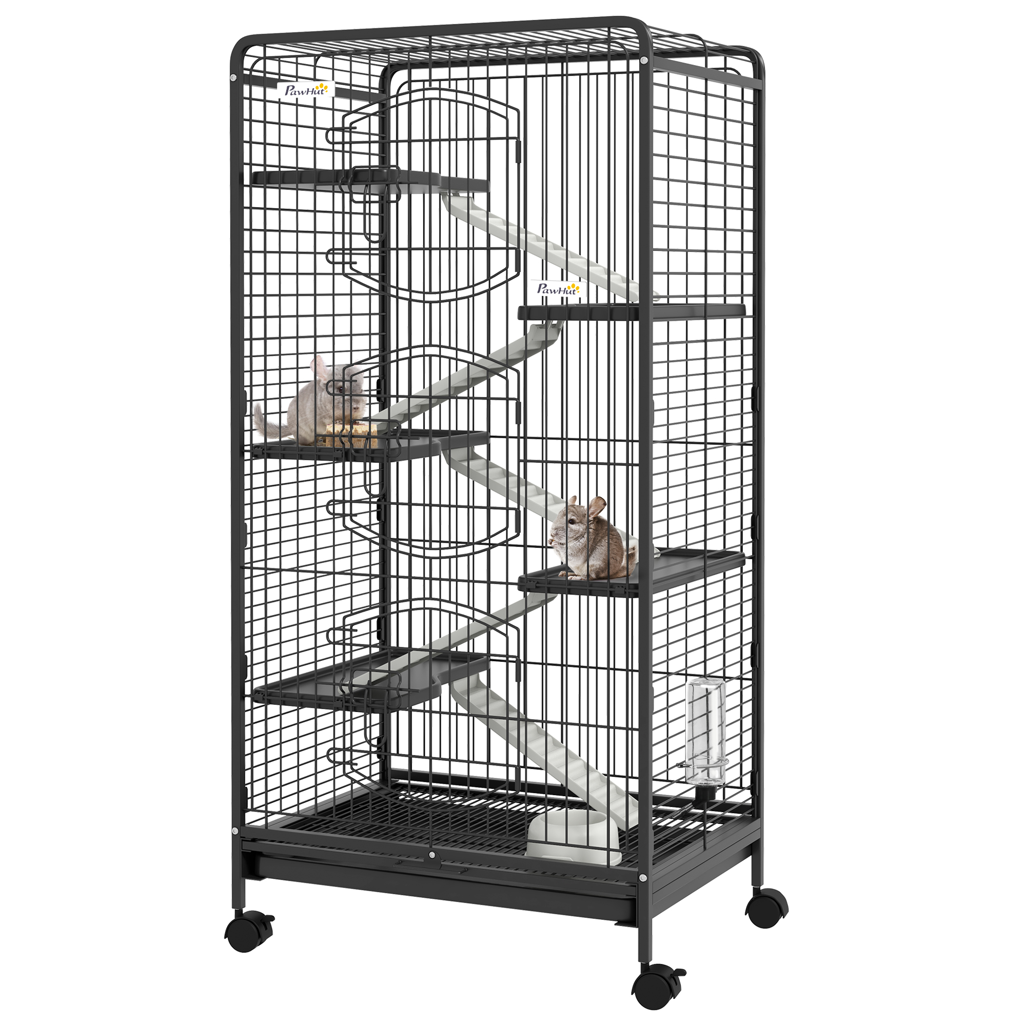 Gaiola PawHut de 6 Níveis para Pequenos Animais, com Rodas, Rampa, Bebedouro, Bandeja Removível, Ideal para Coelhos, Chinchilas e Furões, 64x43,5x131 cm, Preta