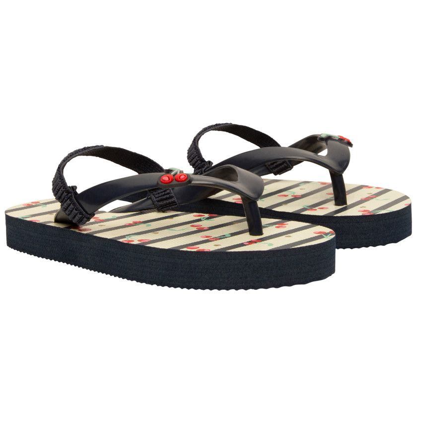 Tongs à rayures imprimé et badge cerises pour fille - Bleu marine