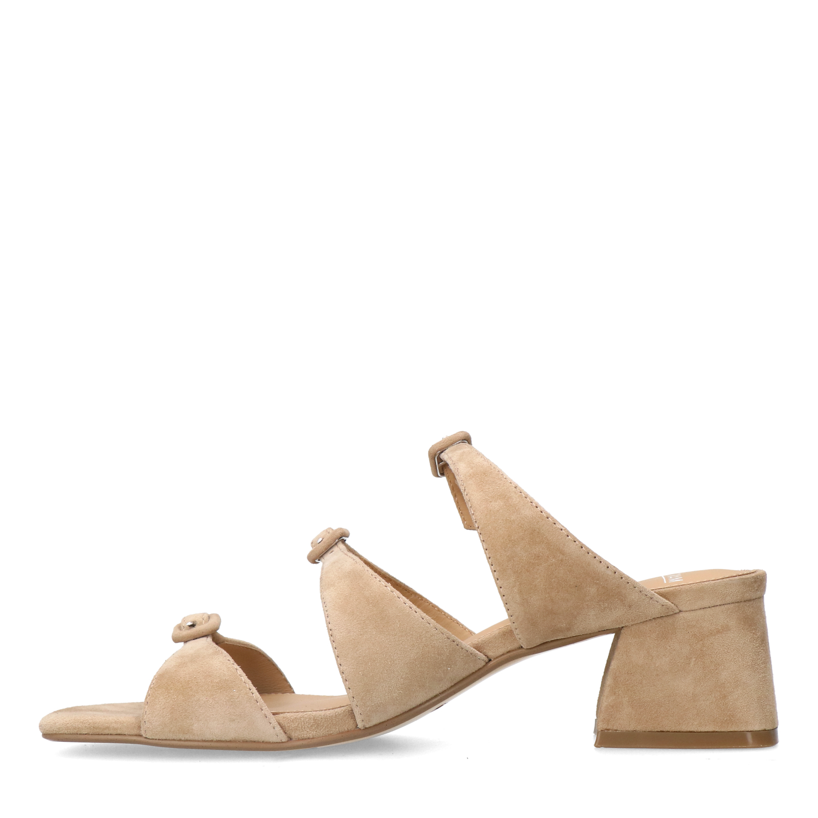 Beige suède sandalen met hak en gespjes