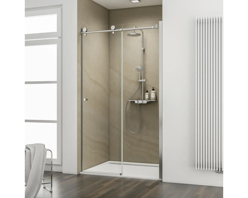 Douchedeur in nis met schuifdeur SCHULTE MasterClass ExpressPlus profiel 120 cm, chroom, helder glas, vuilafstotende glascoating, deurscharnier rechts