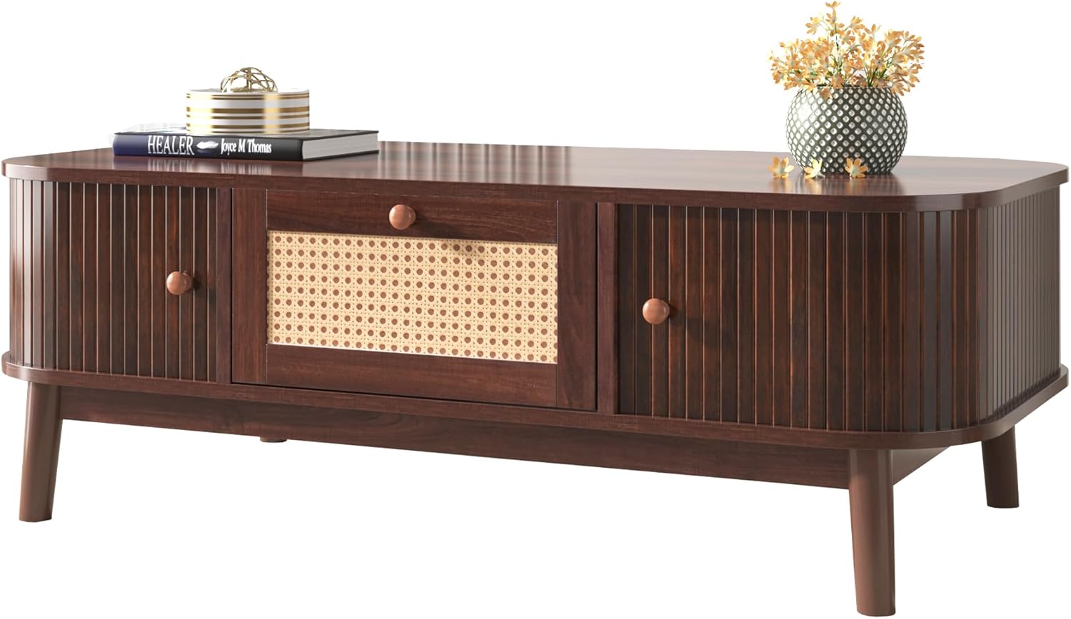 Merax Couchtisch Niedriger, Moderner Kaffeetisch mit Schubladen und Schiebetüren aus Massivholzplatten, Wohnzimmertisch mit Stauräume, Multifunktionaler Beistelltisch Sofatisch, Landhausstil, Braun
