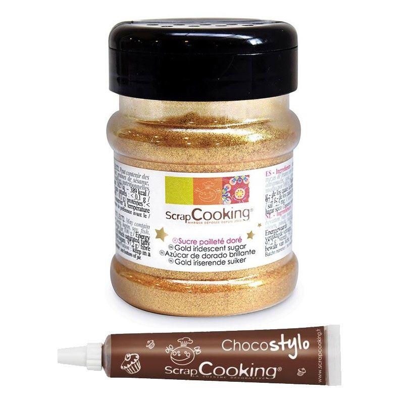 Sucre pailleté doré 160 g + 1 Stylo chocolat Scrapcooking