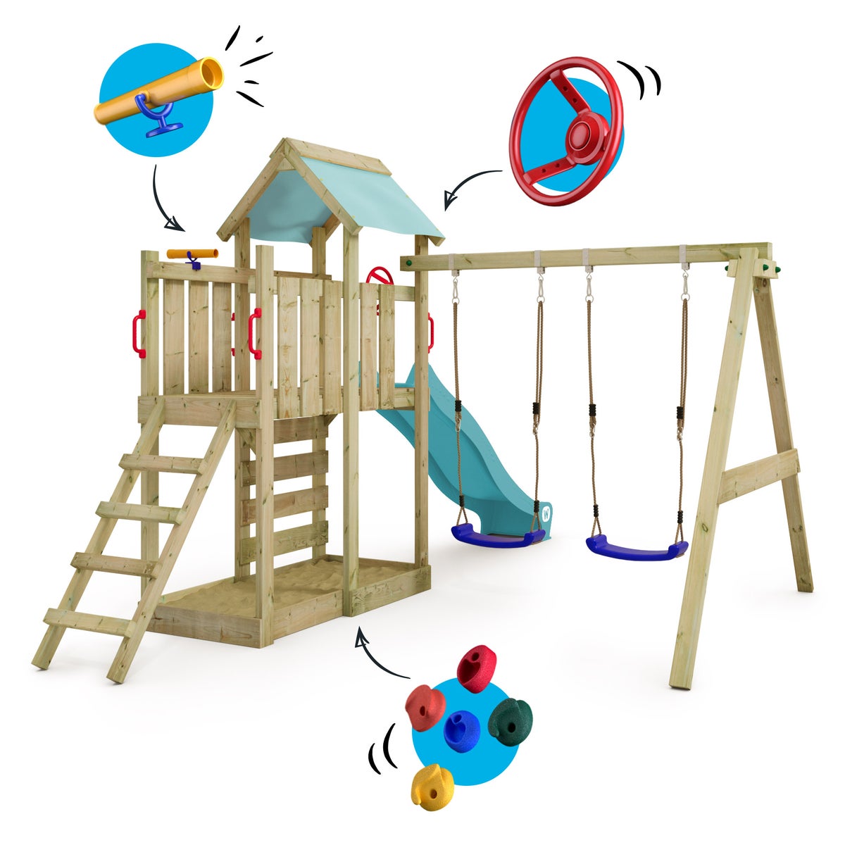 WICKEY MultiFlyer Speeltoren Klimrek met Schommel en Glijbaan, Klimtoren met Zandbak, Ladder en Speelaccessoires – Pastelblauw