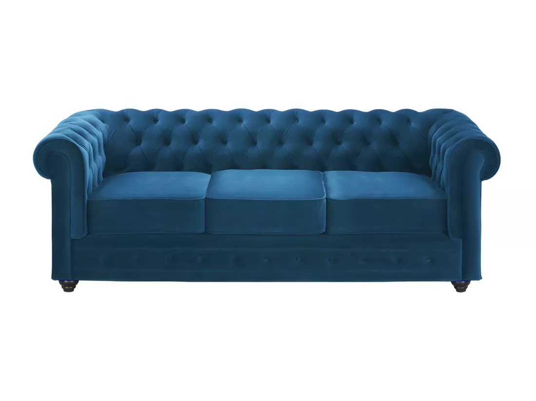 Canapé 3 places et fauteuil CHESTERFIELD - Velours bleu canard