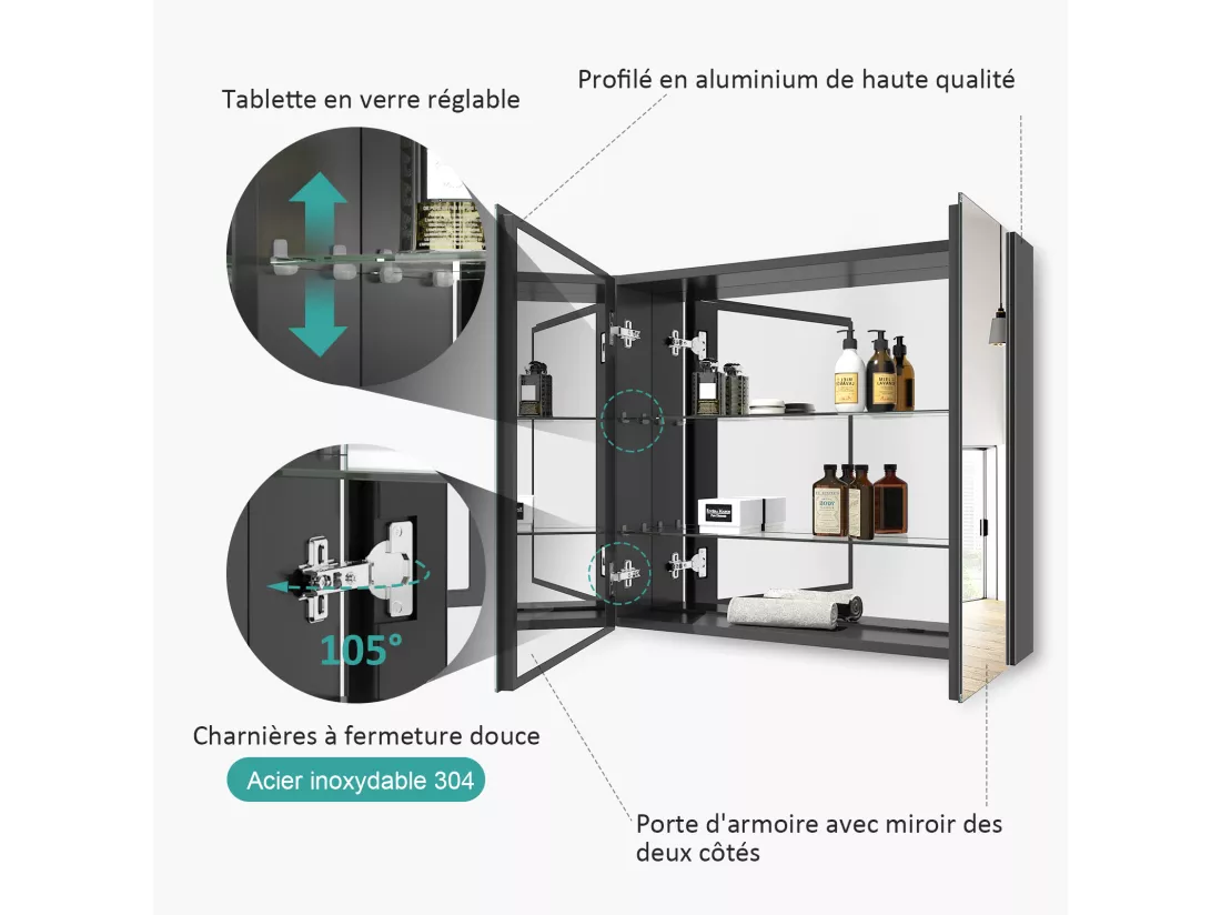 EMKE Armoires de toilette 75x65cm Noir Armoire Salle de Bain en Miroir Double Face
