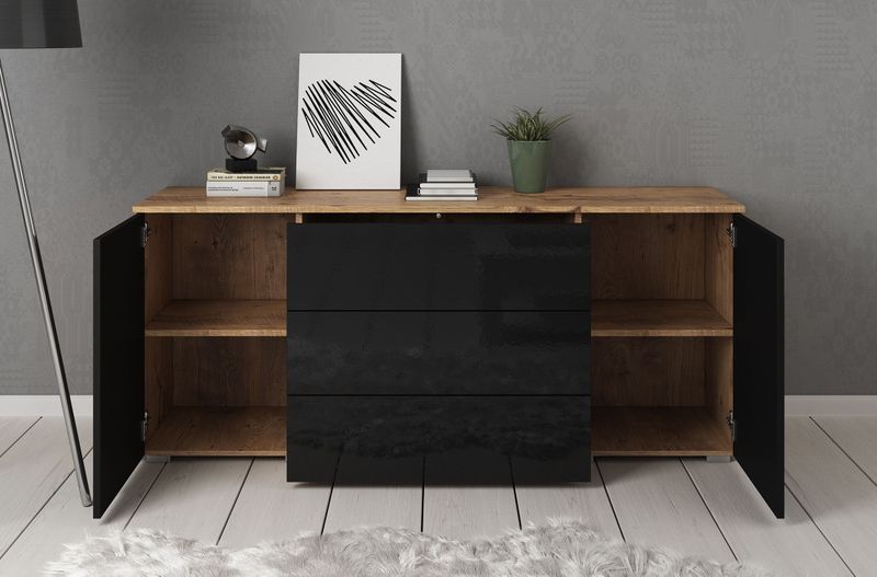 Meubella - Dressoir Pure - Zwart - Eiken - 2 Deuren - 3 Lades