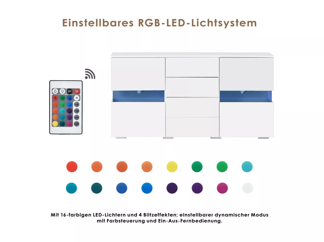Banc TV 4 tiroirs et 4 portes, avec LED RGB et télécommande, meuble TV alimenté par USB, Blanc, 140x35x72cm