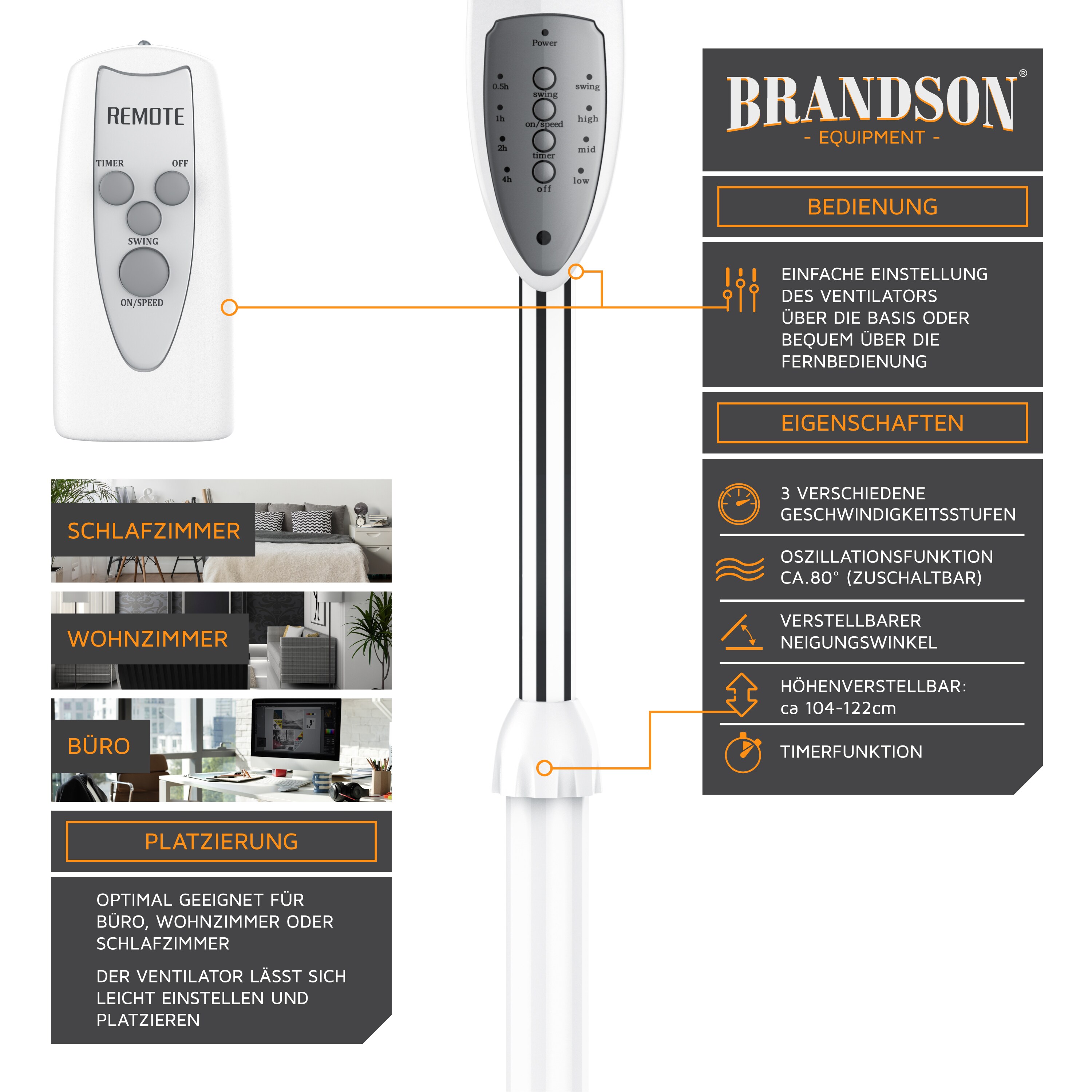 Brandson Standventilator 50W mit Standfuß höhenverstellbar, Ventilator mit Fernbedienung, Neigungswinkel 30°, 3 verschiedene Geschwindigkeitsstufen