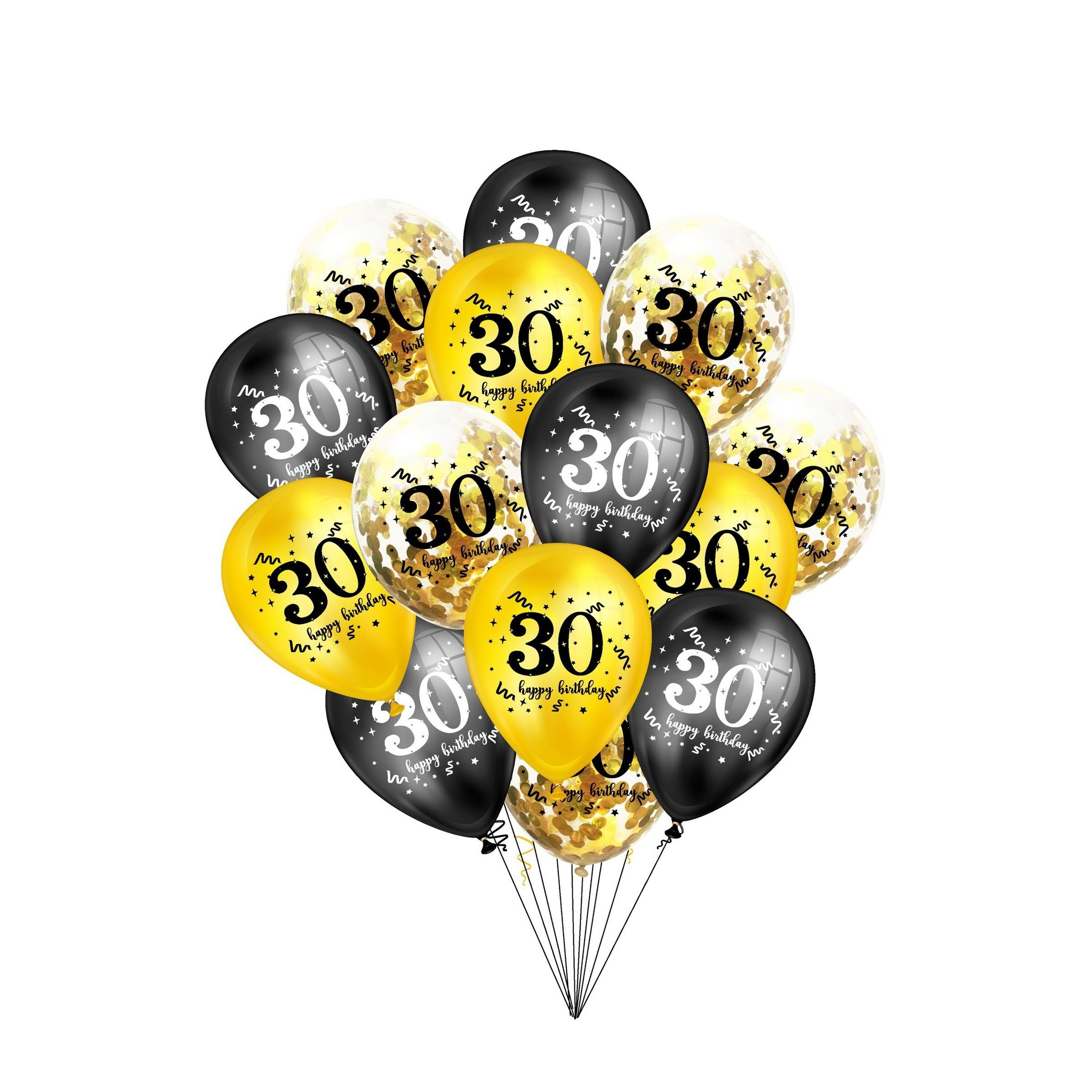 (15er Set) Ø30cm Party Deko Ballons Latex Luftballons 30 Happy Birthday mit Konfetti - Schwarz / Gold / Transparent