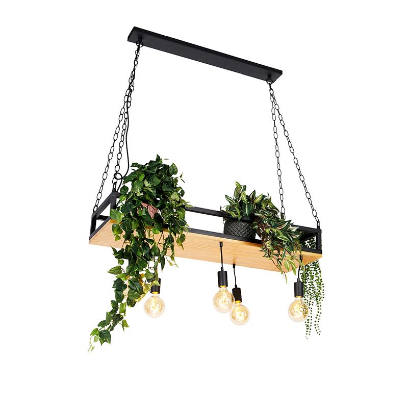 Industriële hanglamp zwart met hout 5-lichts - Shelf