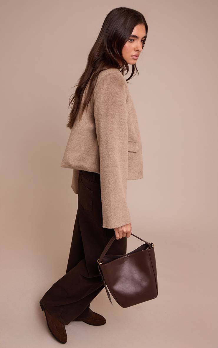 Taupe Veste Cintrée En Laine Brossée À Simple Boutonnage